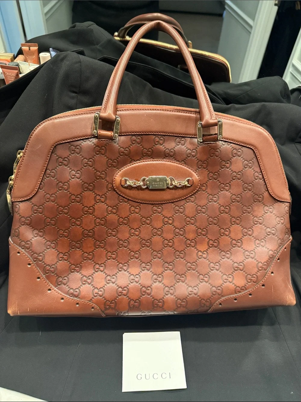 2008 Authentic Gucci Tan Brown GG Monogram Leather Satchel with Gold Hardware